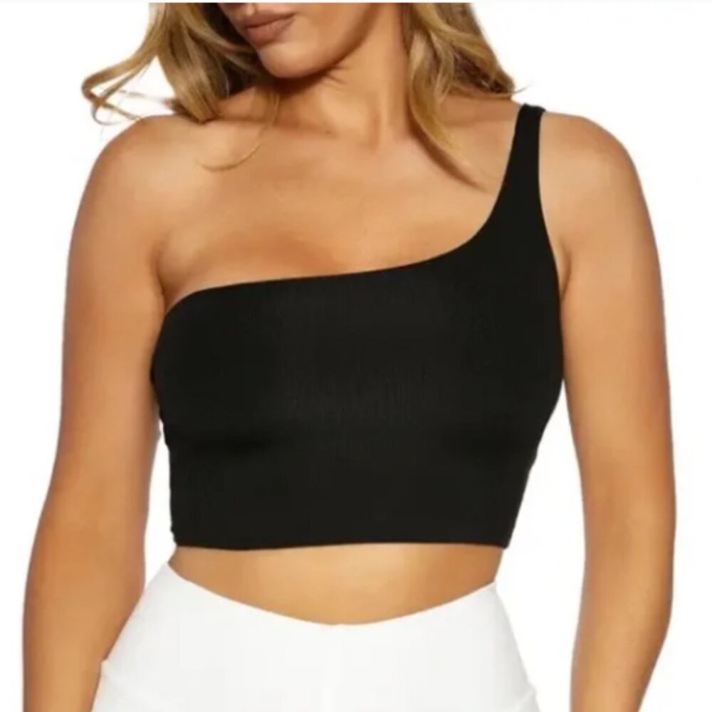 NWT Naked Wardrobe Black Ribbed One Shoulder Crop Top